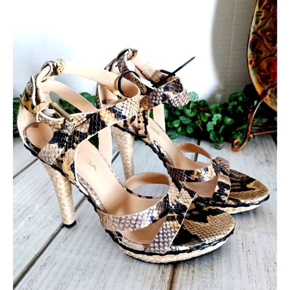 Via Spiga Shoes - Via Spiga Crisscross Ankle Strap Leather Snake Embossed Jute Platform Sandal